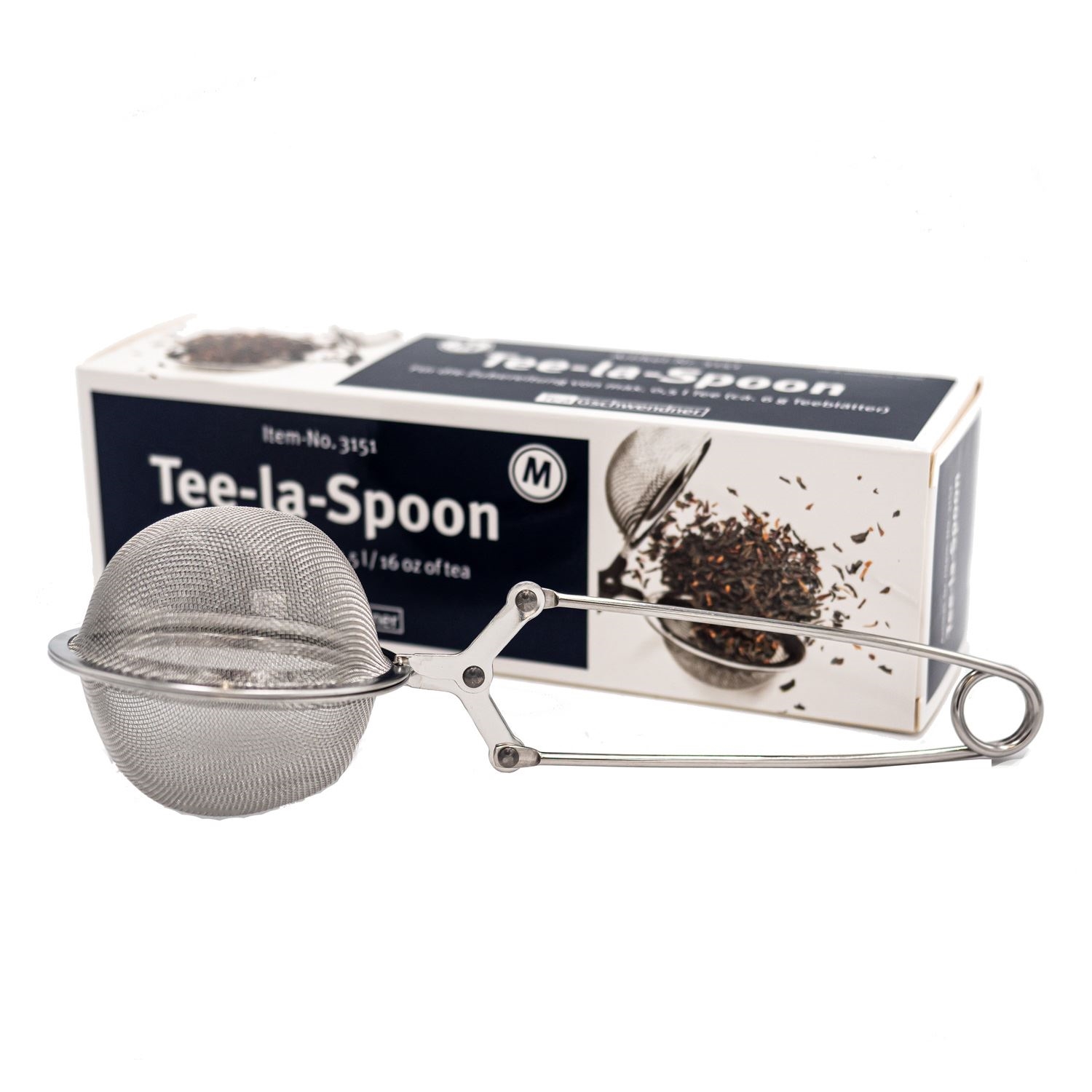 Tee-la-Spoon Teeei Zange aus Edelstahl vor Verpackung, tea spoon, tea-infuser, Mesh spoon, Edelstahl, Küchenzubehör