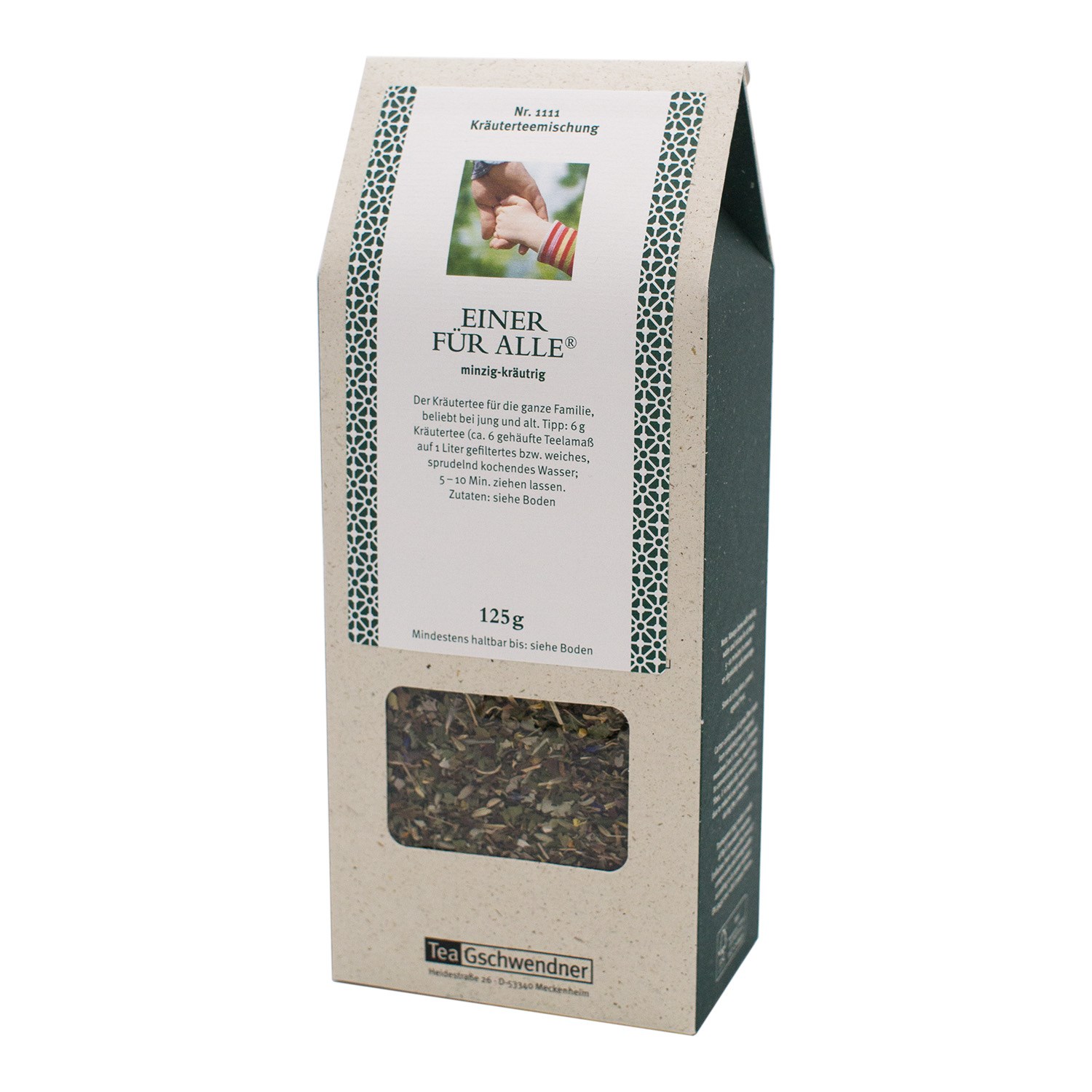 Packung Tea Gschwendner Einer für Alle Kräutertee 125g, Kräuterteemischung, Kräutertee, 125 g, Gläserverpackung, durchsichtige Fensteröffnung