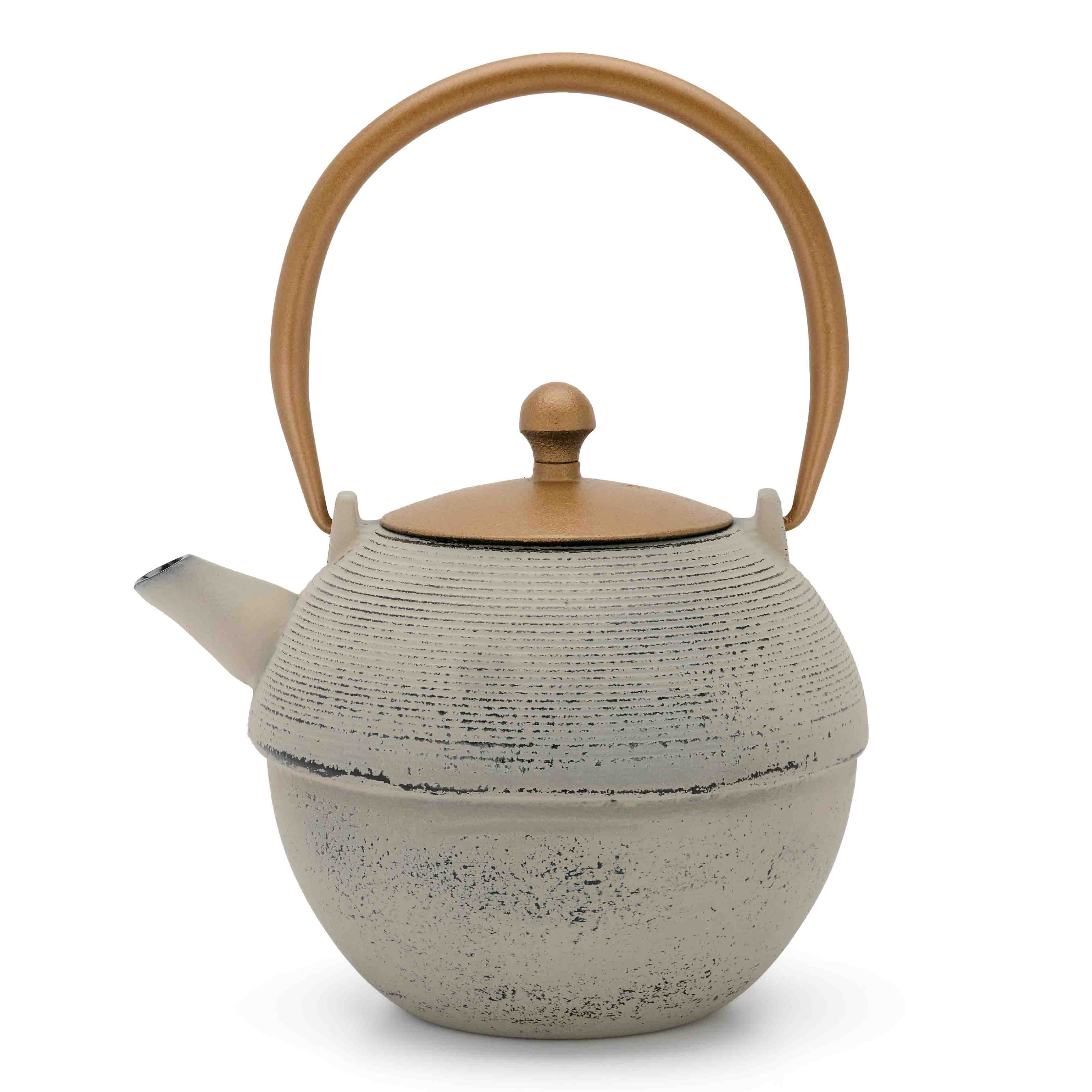 Round grey teapot with brown handle and lid