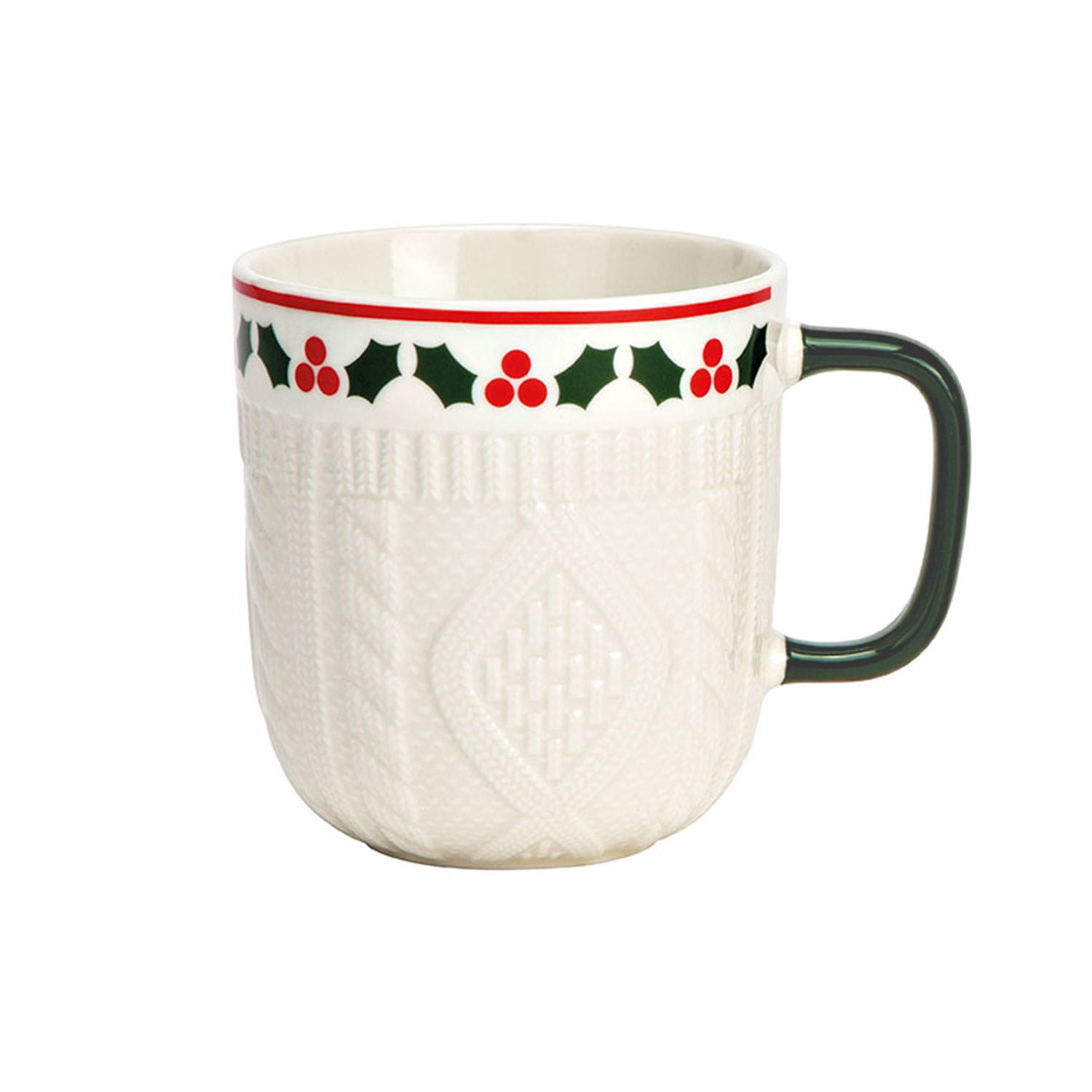 Tasse, Weihnachtsmuster, Kragenrand-Muster, Hochglanz-Emaille, Grün/Rot Akzent