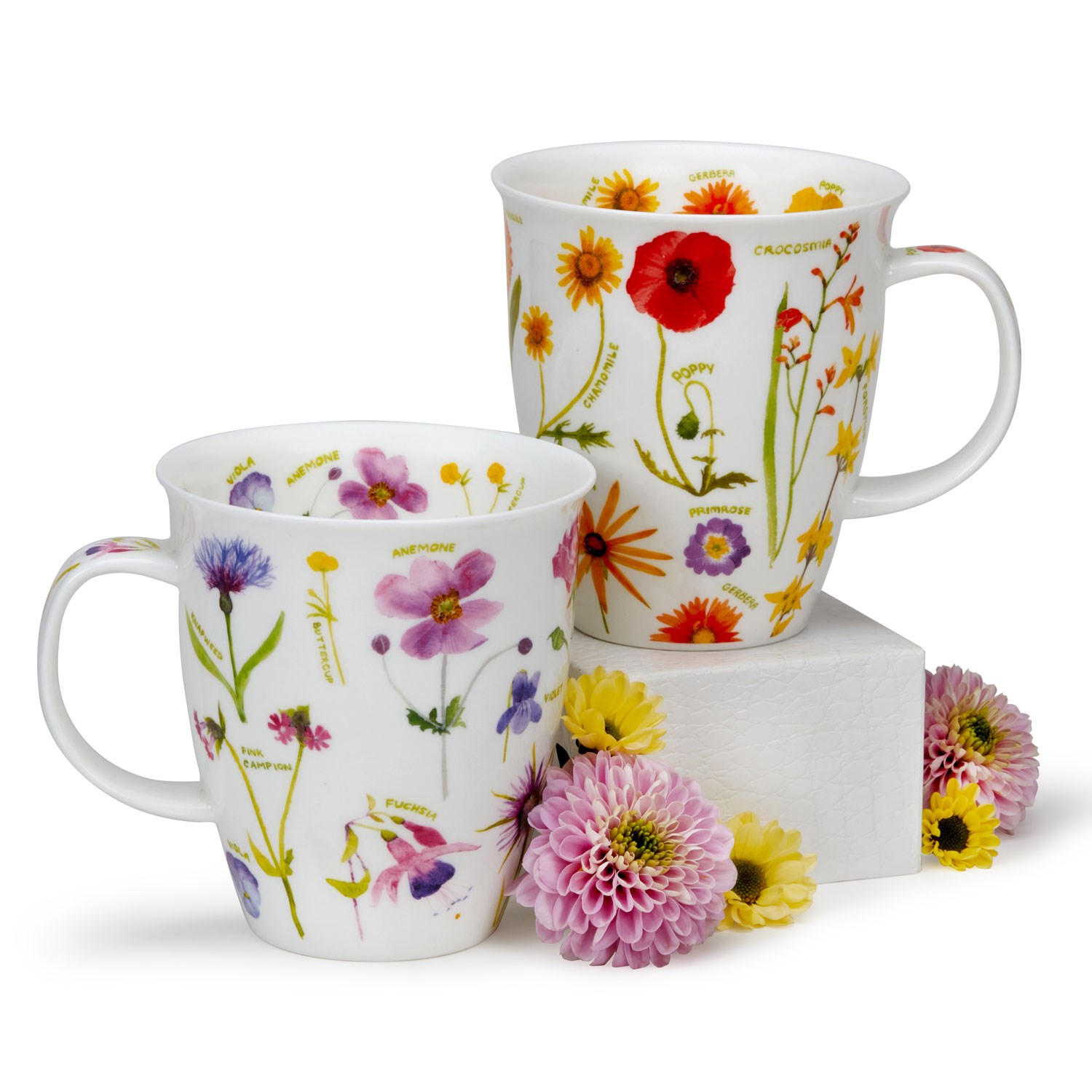 Two white porcelain mugs with colourful flower print and plant names, decorated with fresh flowers