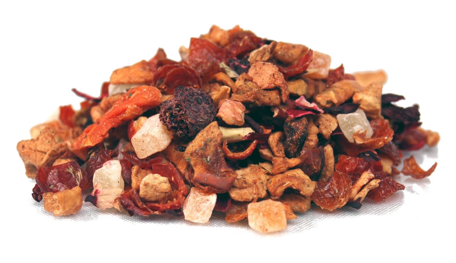 Bunter Haufen loser Früchtetee-Mischung, Tee-Mischung, Fruchtstücke, Trockenobst, Beerenstücke, Kräuter/Gewürz