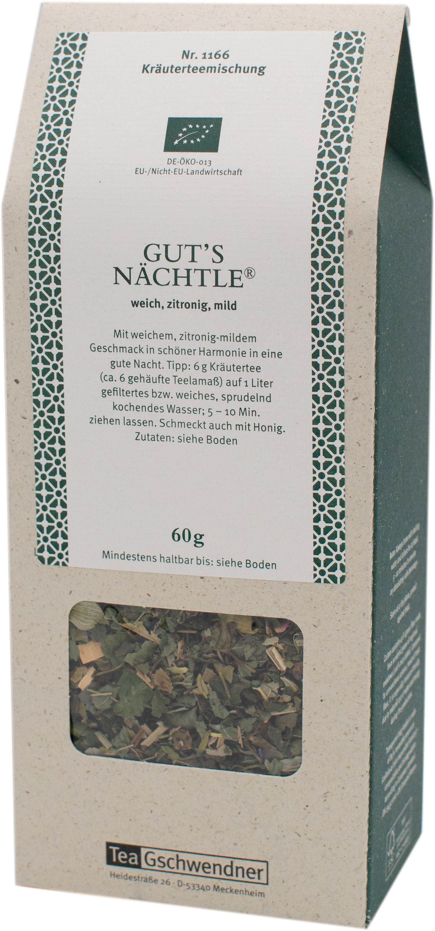 Packung TeaGschwendner Gut’s Nächtle Kräutertee 60g, Kräuterteemischung, 60 g, loser Tee, Teeblätter, Teemischung 60g