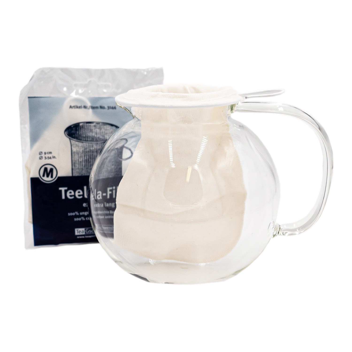 Baumwoll-Teefilter Größe M in runder Glaskanne, Teekanne, Glasbehälter, Filter, Kunststofffilter, Kanne mit Filterbeutel