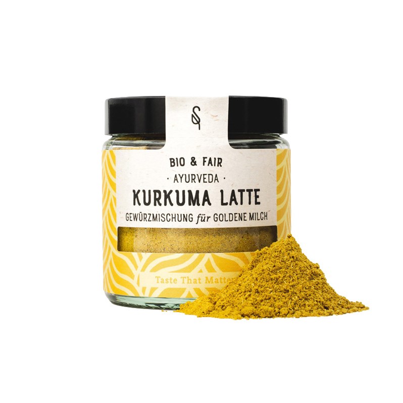 Jar of Kurkuma Latte Golden Milk Organic 45 g by SoulSpice, Ayurvedic turmeric spice blend with yellow powder in front