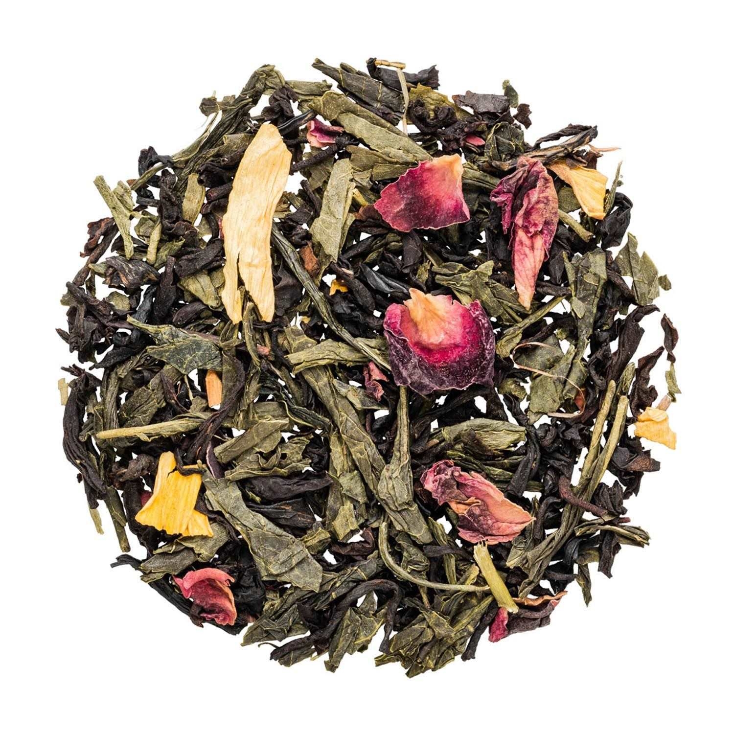 Lose Teemischung aus grünem Tee und Rosenblüten, grüner tee, teeblätter, blättermischung, rose, fruchtig