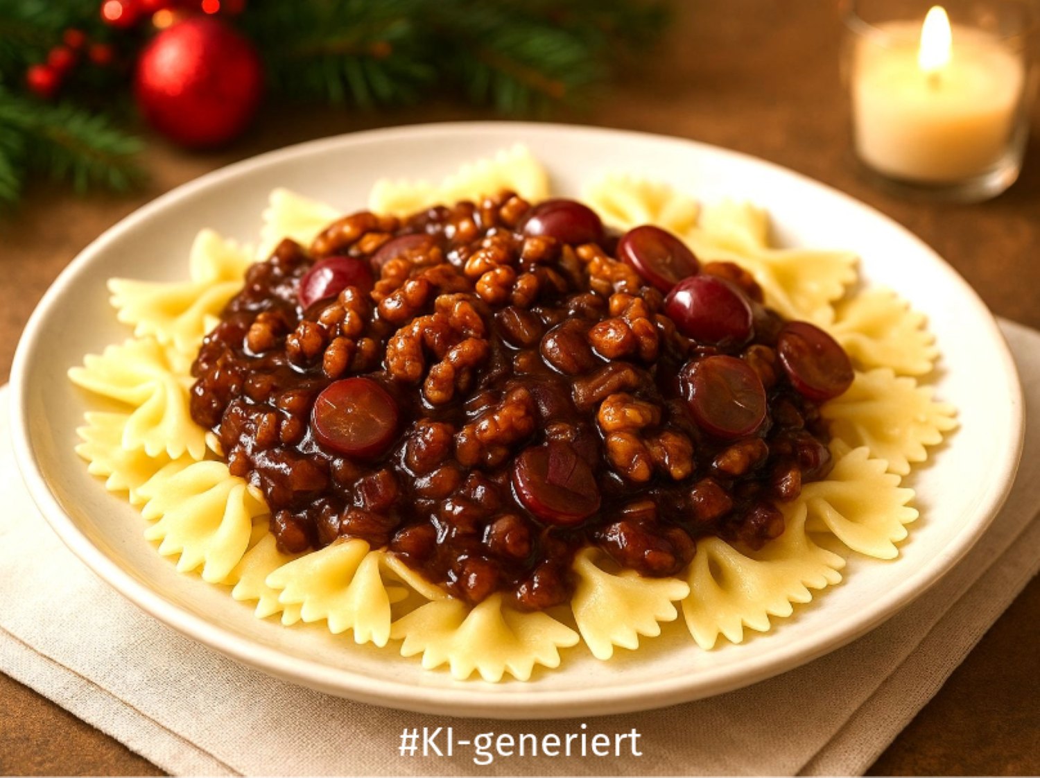 Farfalle pasta with rich walnut cherry sauce on plate