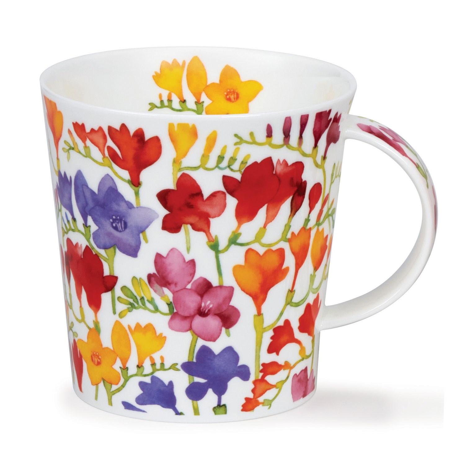 White porcelain mug with vibrant, dense floral pattern in red, orange, yellow, purple and pink