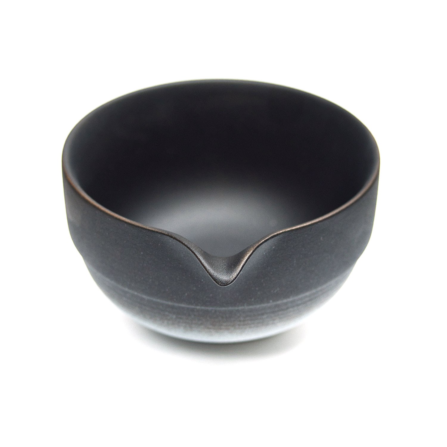 Round black ceramic bowl with practical spout