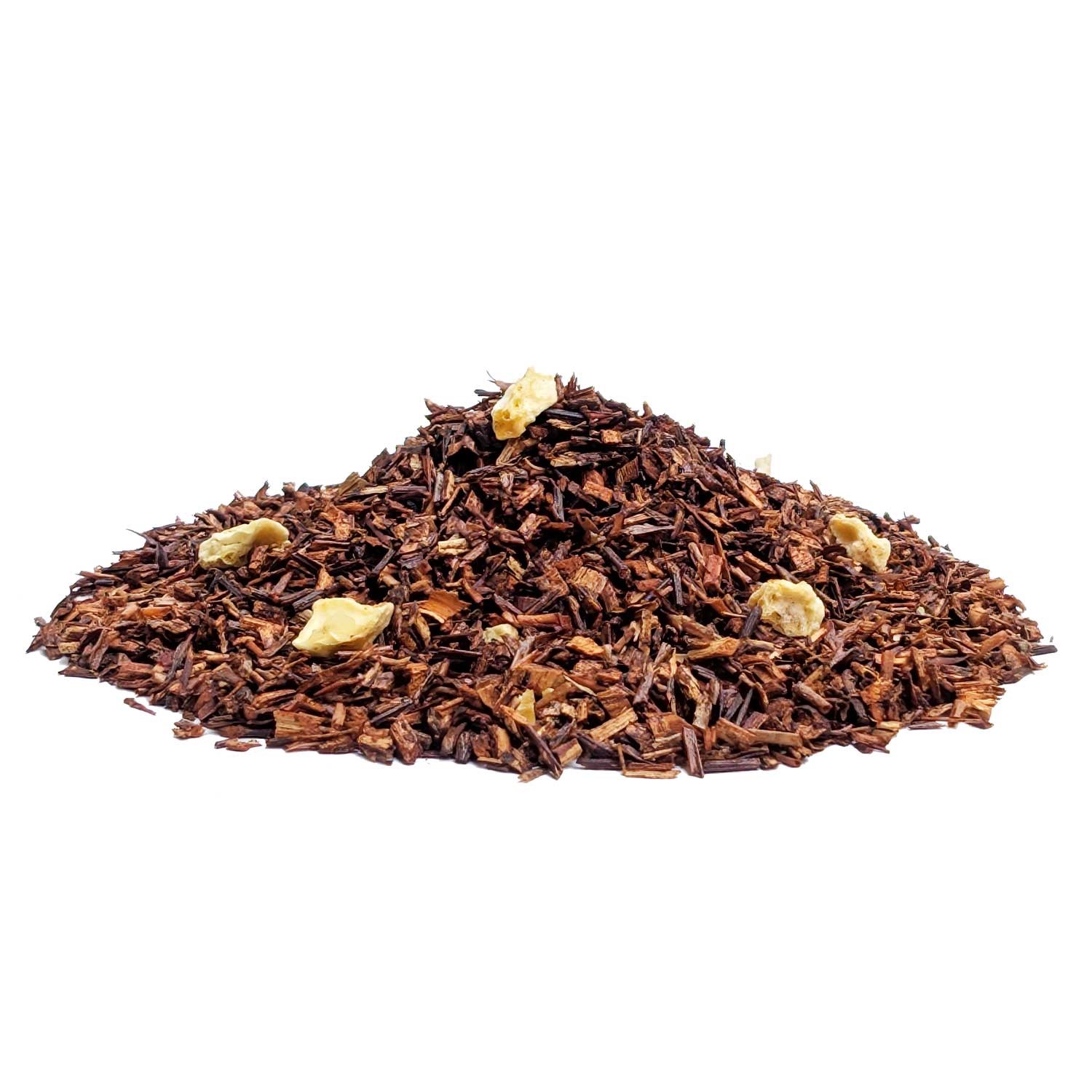 Rooibos-Tee, loser Tee, braune Teeblätter, Ananasstücke