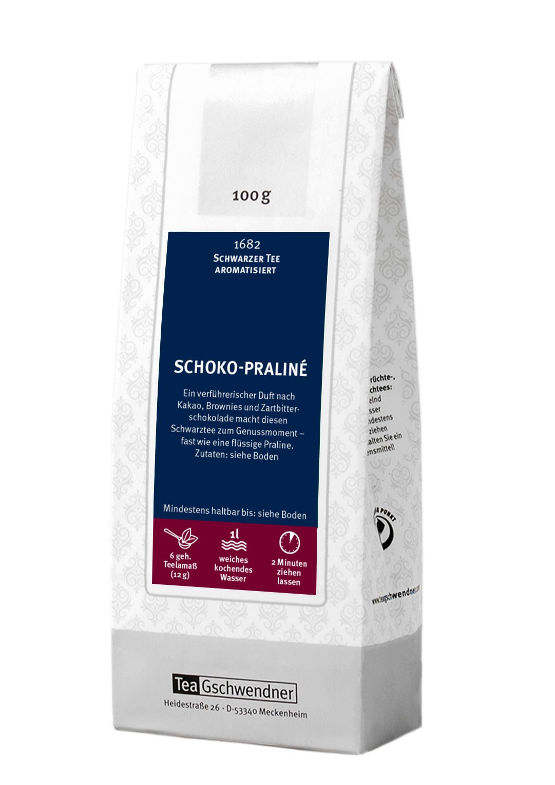 Teegschwendner Schwarzer Tee Schoko-Praliné 100g, Schwarztee, aromatisiert, 100 g, Praline, Teepackung