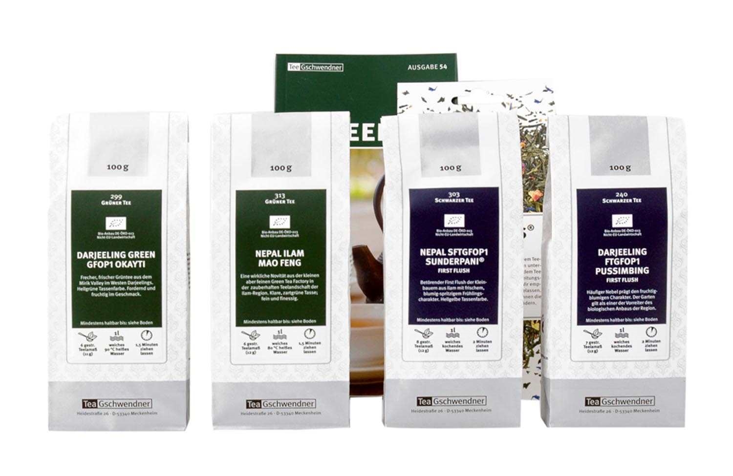 TeeGschwendner Set mit vier Darjeeling und Nepal Tees, tee, schwarzer tee, grüner tee, lose blätter, 100 g