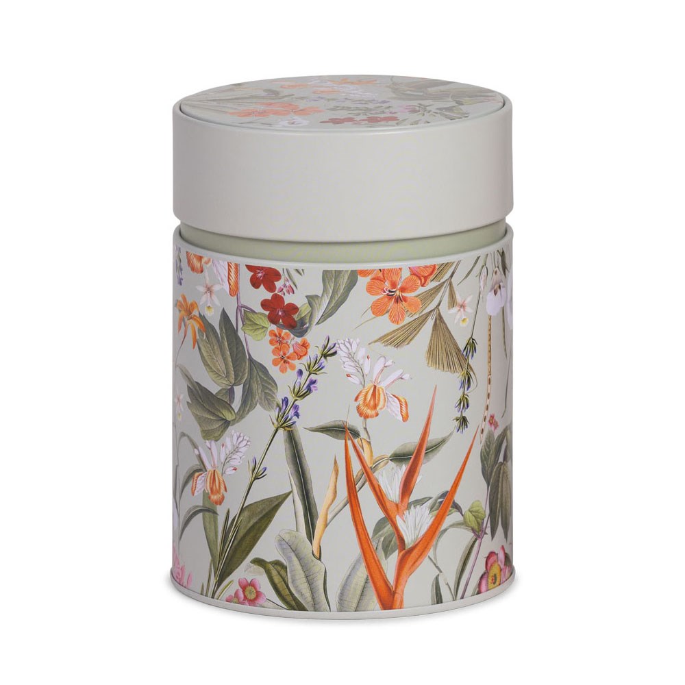 Boîte à thé ronde Eigenart Mira menthe 500g en fer-blanc avec motif floral printanier, idéale pour protéger le thé de la lumière et de l’air