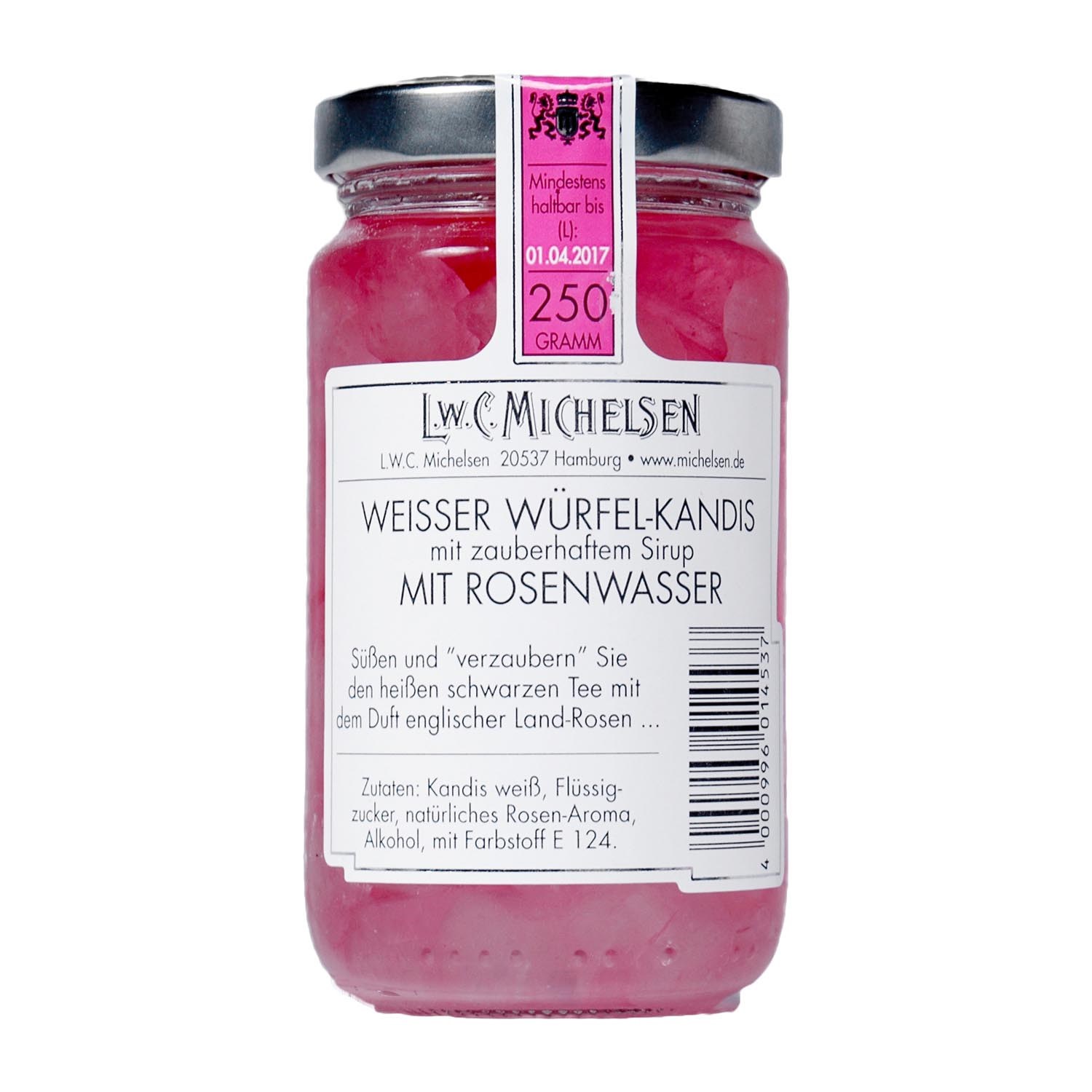 Glas L.W.C. Michelsen Weißer Würfelkandis mit Rosenwasser, Kaugummi, Würfel-Kandis, Rosenwasser, rosa, Sirupe