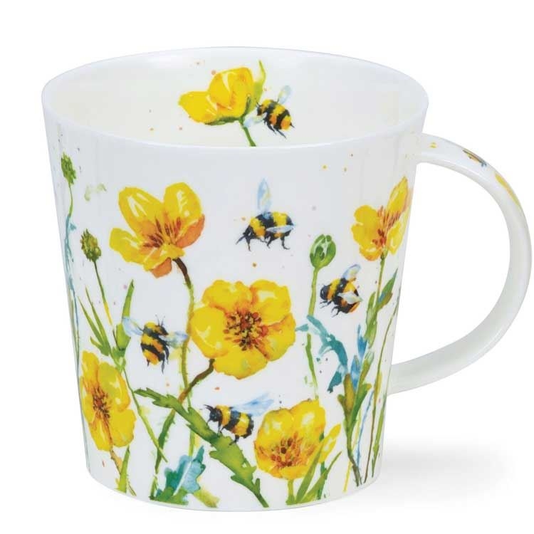 Weiße Porzellantasse mit gelben Blumen und Bienen, Tasse, Becher, Blumenmuster, Gelb, Biene