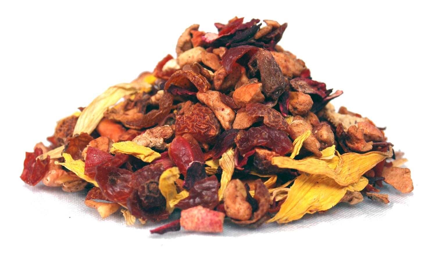 Bunte Früchtetee-Mischung aus getrockneten Früchten, Kräutertee, Früchtetee, Trockenmix, Blütenstücke, Bunte Mischung