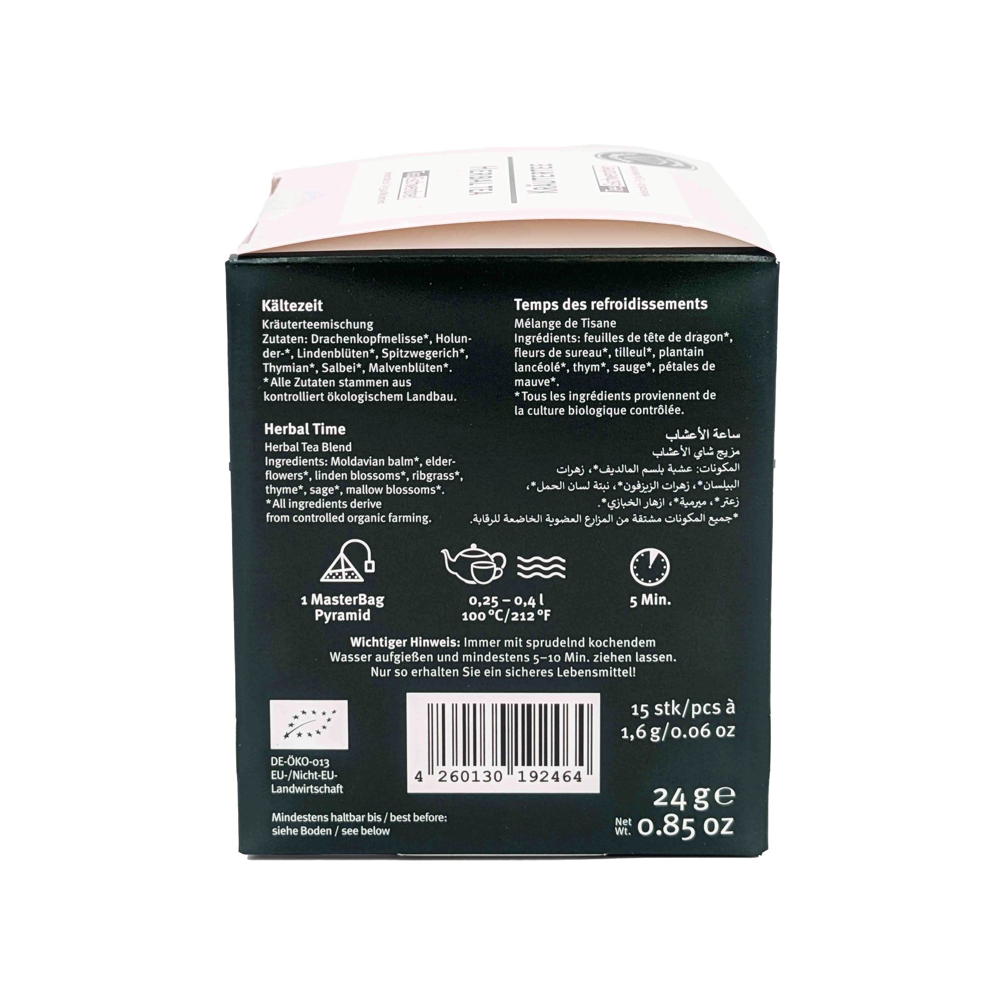 Rückseite Sonnentor Kältezeit Bio-Kräutertee 24 g, herbal, tee, verpackung, box, zeit