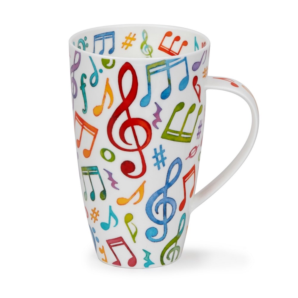 White coffee mug with colourful music notes