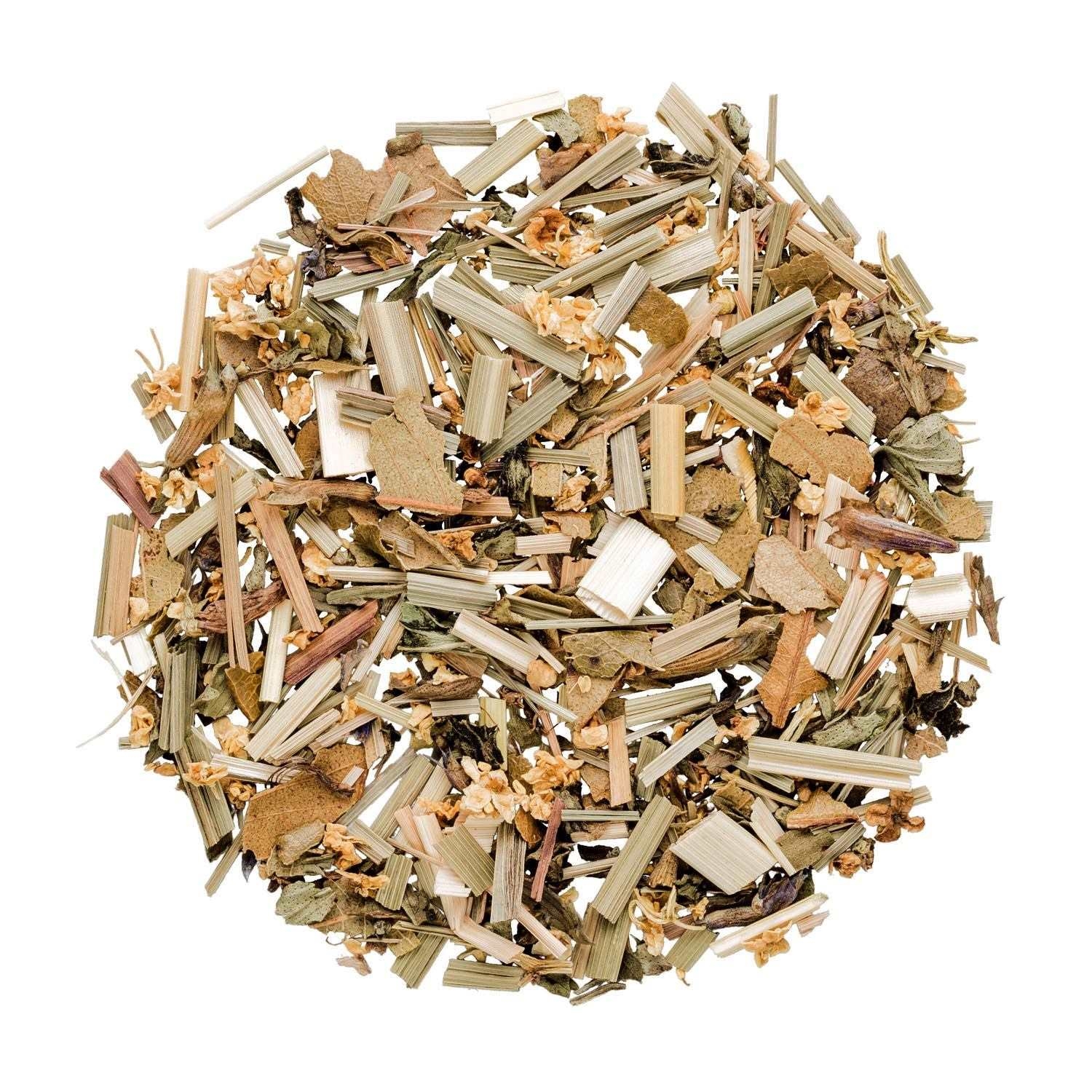 Runde Portion lose Kräutertee-Mischung von oben, Kräutertee, Teeblätter, Lose Mischung, Kräuter//Zubereitung, Bio-Tee