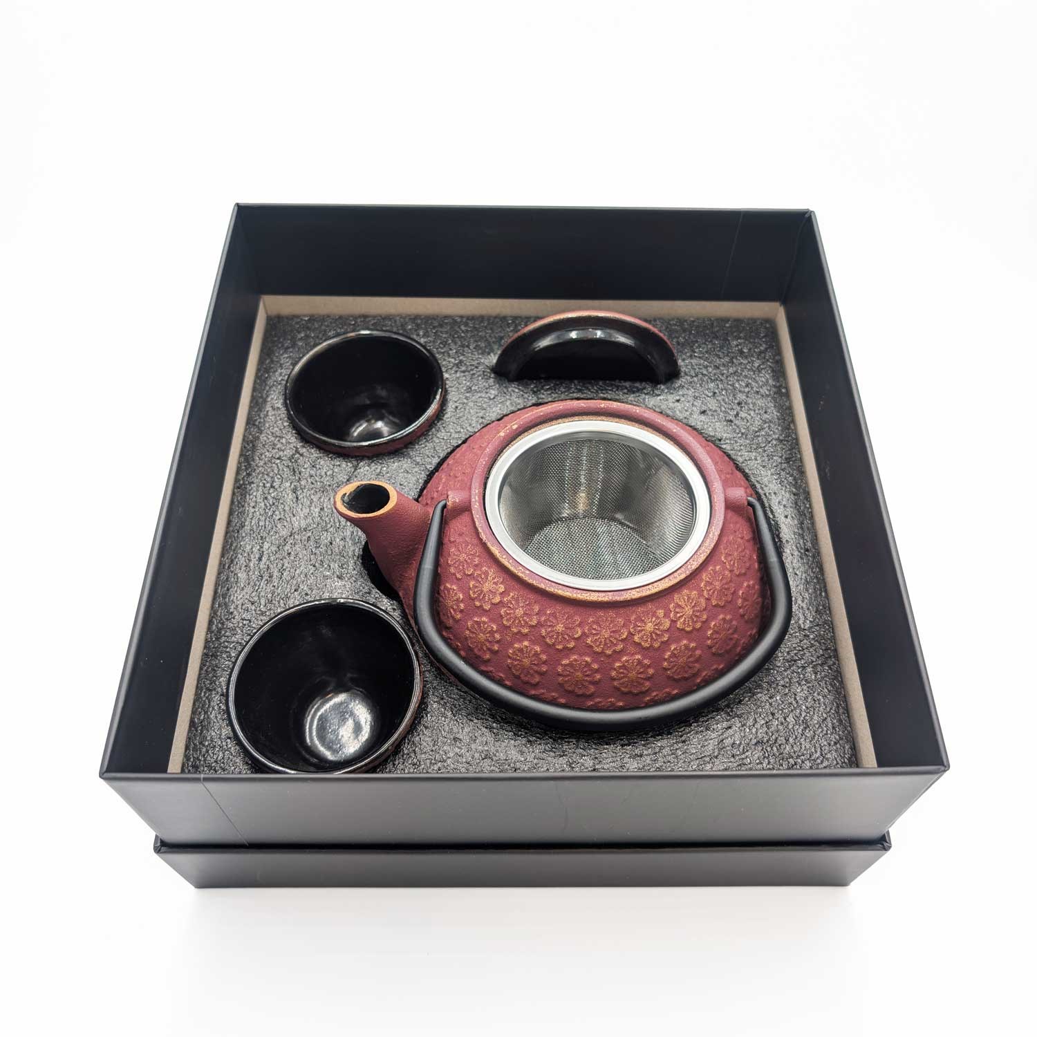 Cast iron tea set with two cups and filter in gift box