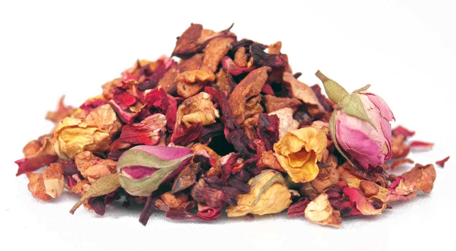 Bunter loser Früchtetee mit Rosenblüten, Blütenhust, Kräutertee, Trockenblumen, Rosenknospe, Drogen-Sorten
