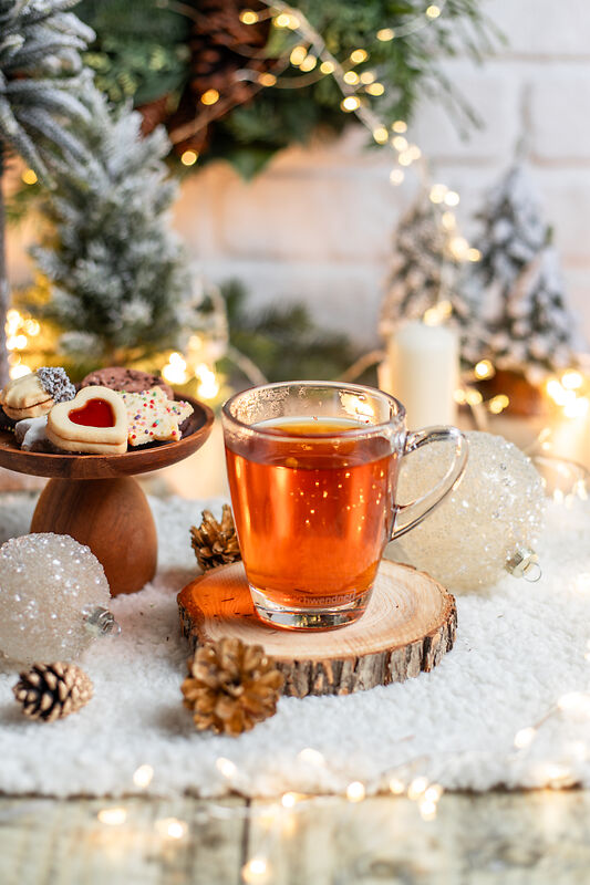 tee, glas tasse, heißgetränk, winter, weihnachtsdeko
