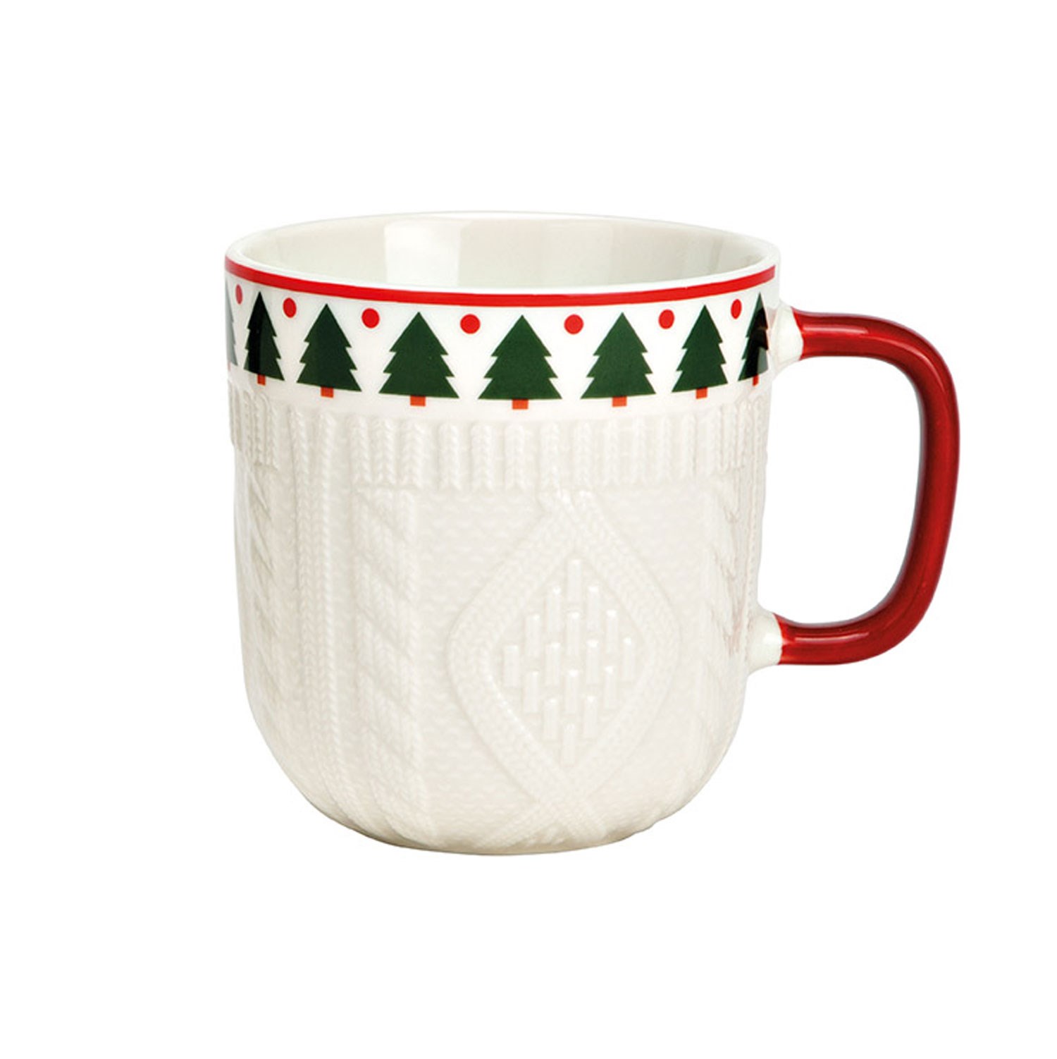 Kugemelange, Weihnachtsmuster, Weißer Keramikbecher, Rotes Griff, Knit-Relief