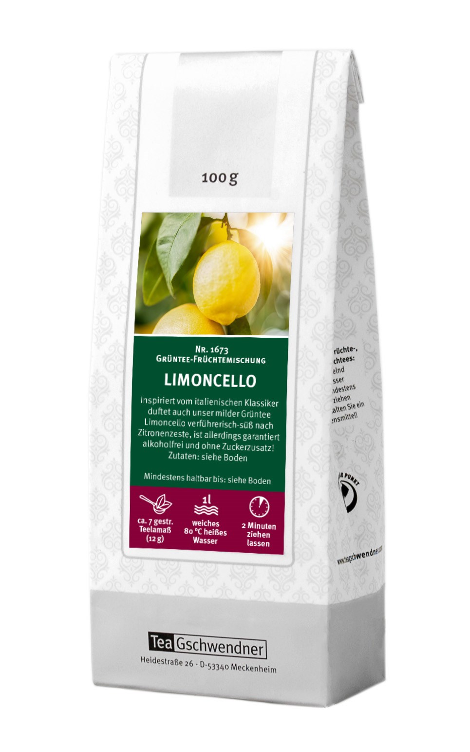 Teepackung TeaGschwendner Grüntee-Früchtemischung Limoncello, Limoncello, Zitruslikör, Likörgetränk, Fruchtige Mischung, 1 L
