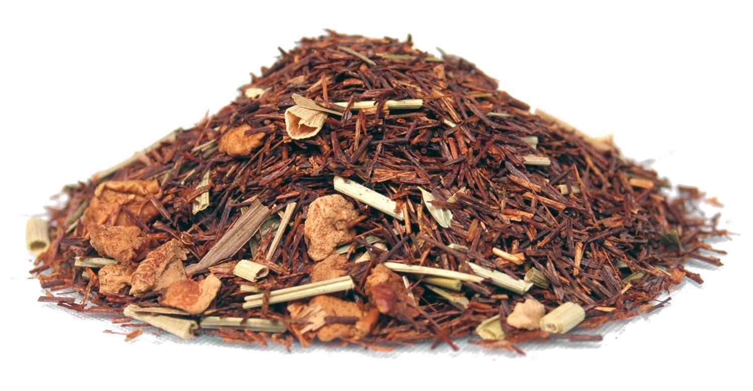 Haufen loser Rooibos Tee mit Apfelstücken und Lemongras, Rosenholz, Rooibos, Kräuter-Tee, Trockenblatt, Sägemehl-ähnlich