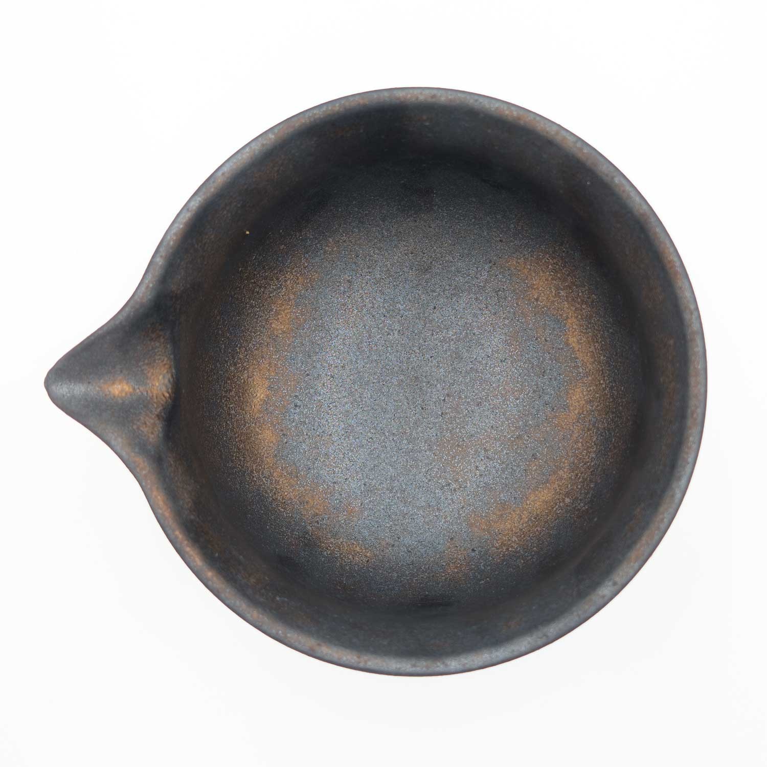 Brown ceramic matcha tea bowl with practical side spout