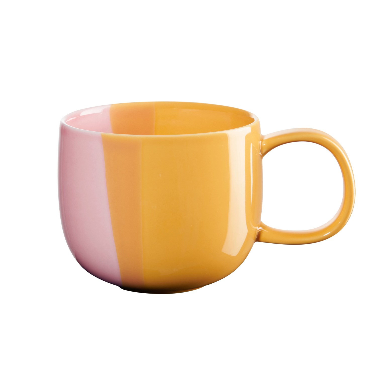 Round yellow and pink ceramic coffee mug with large handle on white background