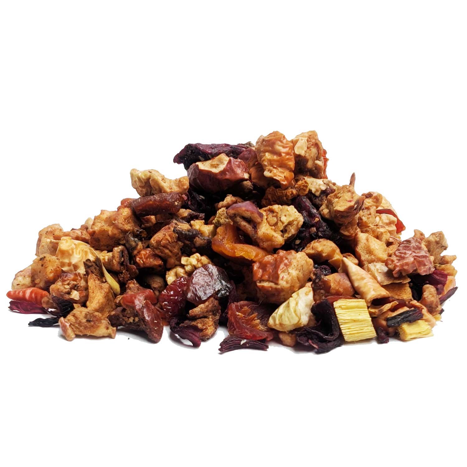 Fruchtmischung, Trockenfrucht, Beeren, Krustenstücke, Mischobst, Früchtetee, getrocknete Früchte, Himbeere, Pfirsich, Fruchtmischung, Tee-Tee (Trockenfrucht), Fruchtmischung, getrocknete Früchte, gemischtes Obst, knusprige Stücke