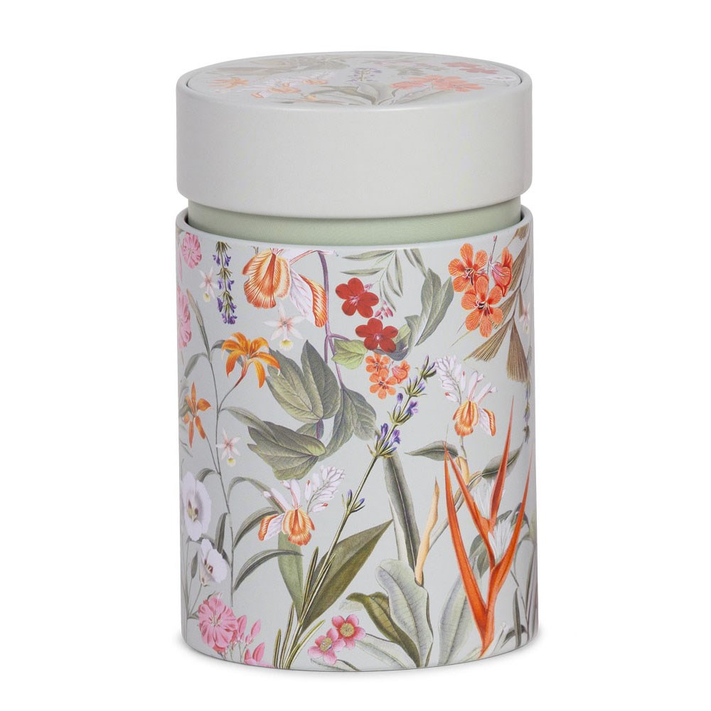 Boîte à thé Eigenart Mira menthe 150g, boîte ronde en métal vert pastel avec motif fleuri coloré pour conserver le thé en vrac à l’abri de l’air et de la lumière