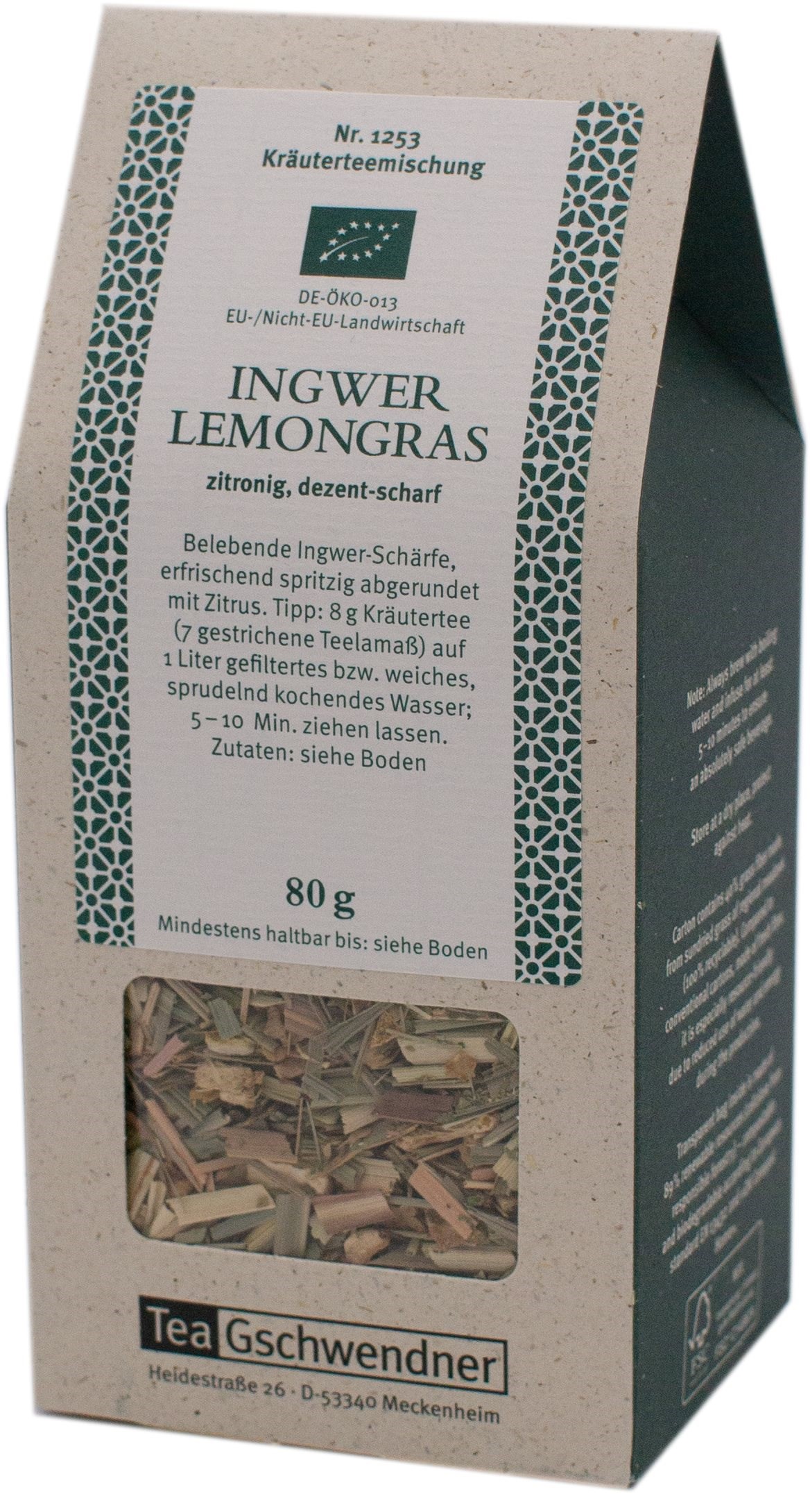 Packung Tea Gschwendner Ingwer Lemongras Kräutertee 80 g, Ingwer, Lemongras, Kräutertee, zitronig, 80 g