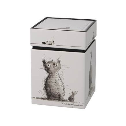 White square storage jar with glass lid and illustrated cat motif on the front