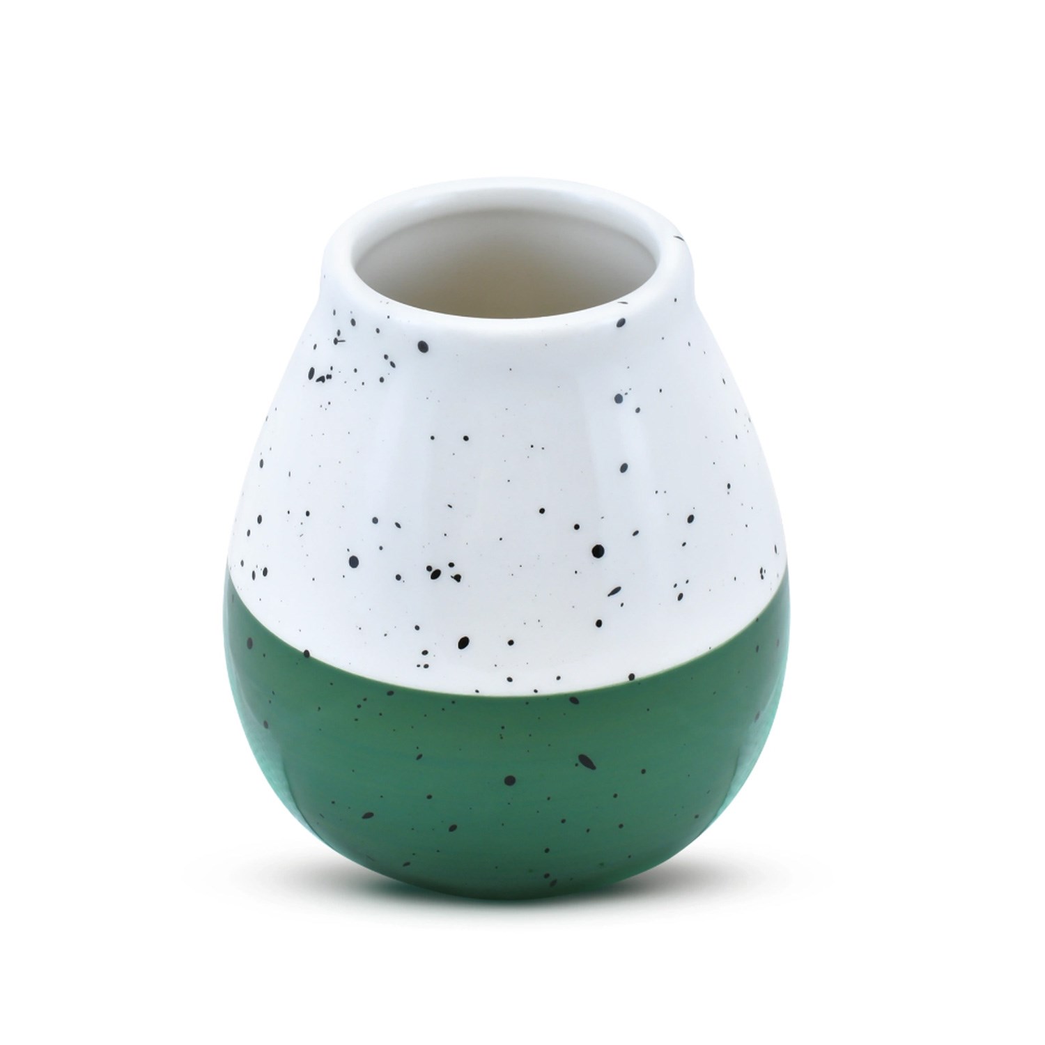 White and green ceramic vase with black speckles