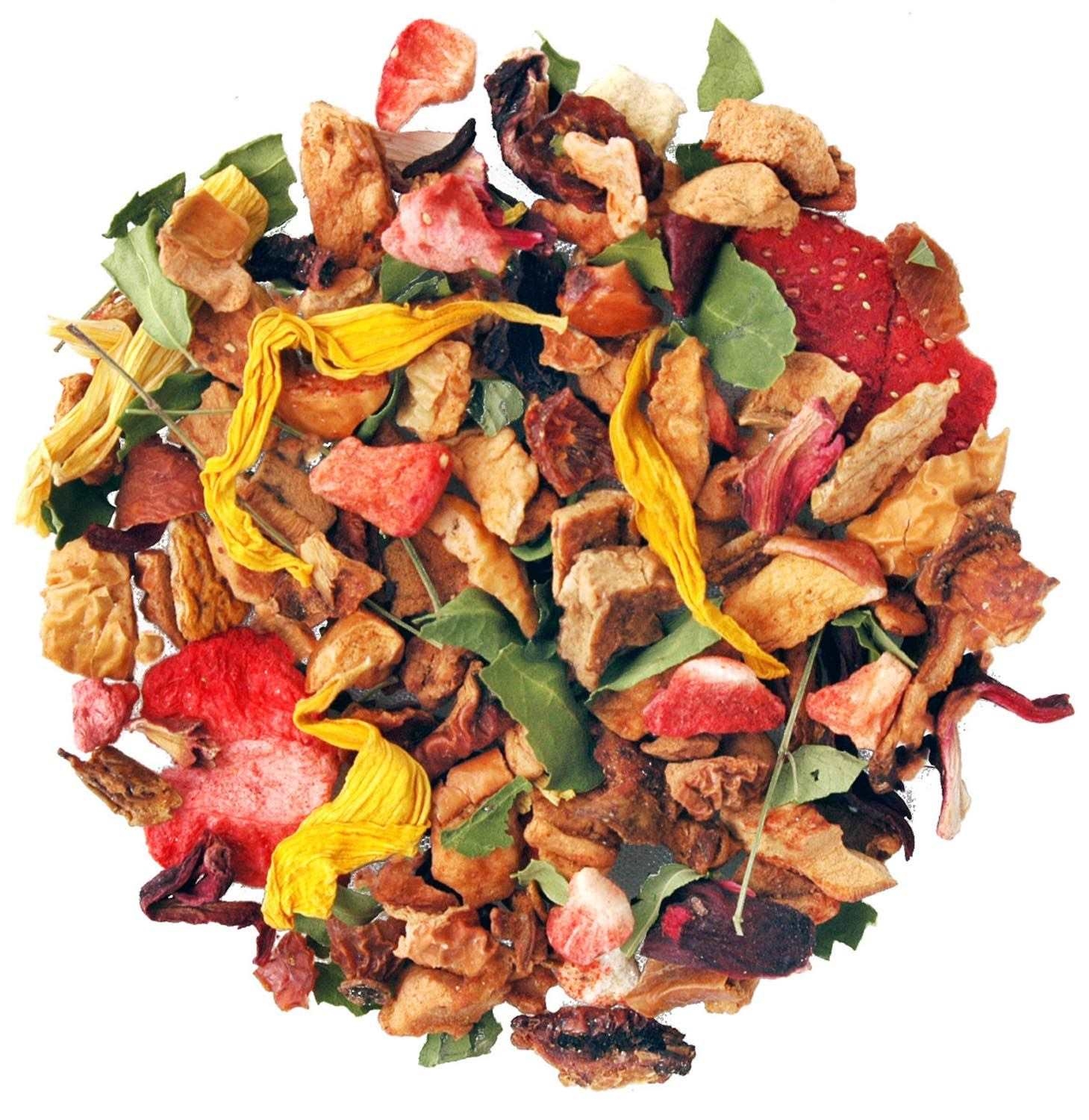 Bunte Früchtetee-Mischung aus getrockneten Früchten, Kräutertee-Mischung, Trockenfrüchte, Kräuterstücke, blumige Blüten, Fruchtstücke