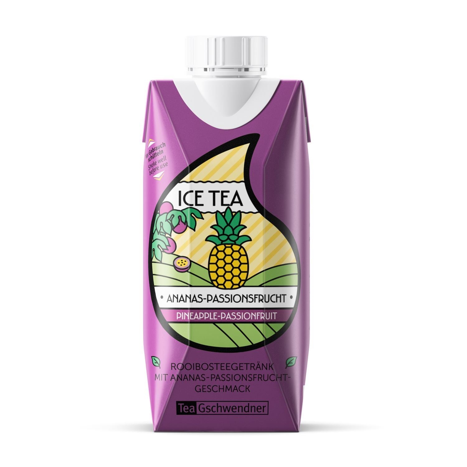 Ice Tea Rooibos Ananas-Passionsfrucht im Getränkekarton, Ice tea, Ananas, Passionsfrucht, Rosa Flasche, Tetra Pak