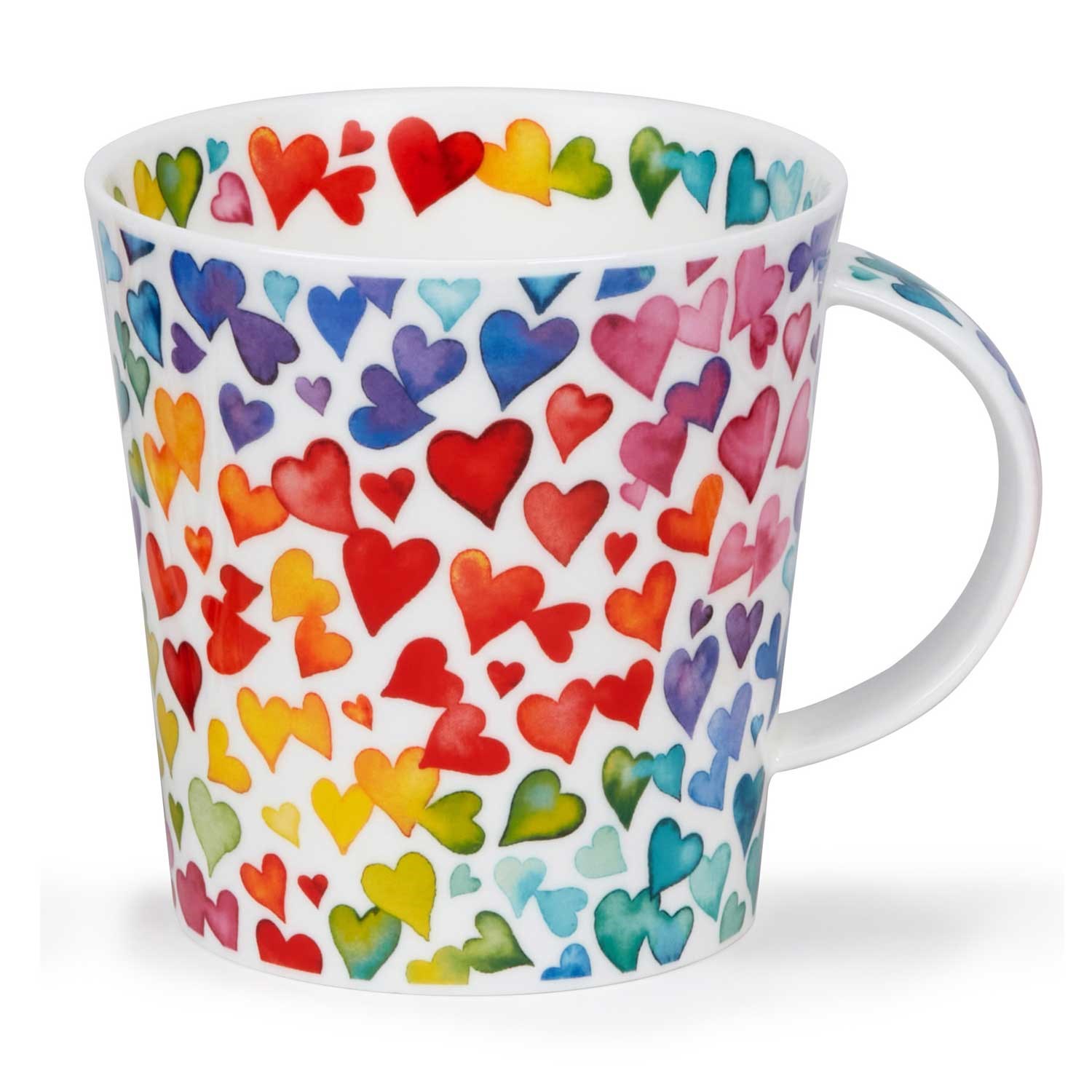 White porcelain mug with colourful rainbow heart pattern, perfect for coffee, tea or hot chocolate