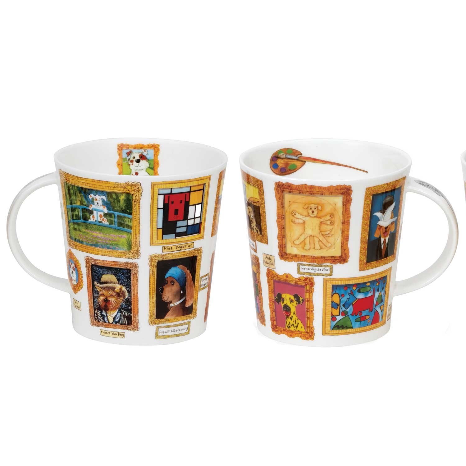 Zwei weiße Porzellanbecher mit bunten Hunde-Gemälden im goldenen Rahmen, inspiriert von berühmten Kunstwerken, Tasse, Porzellan, Bunt, Motive, Rahmen