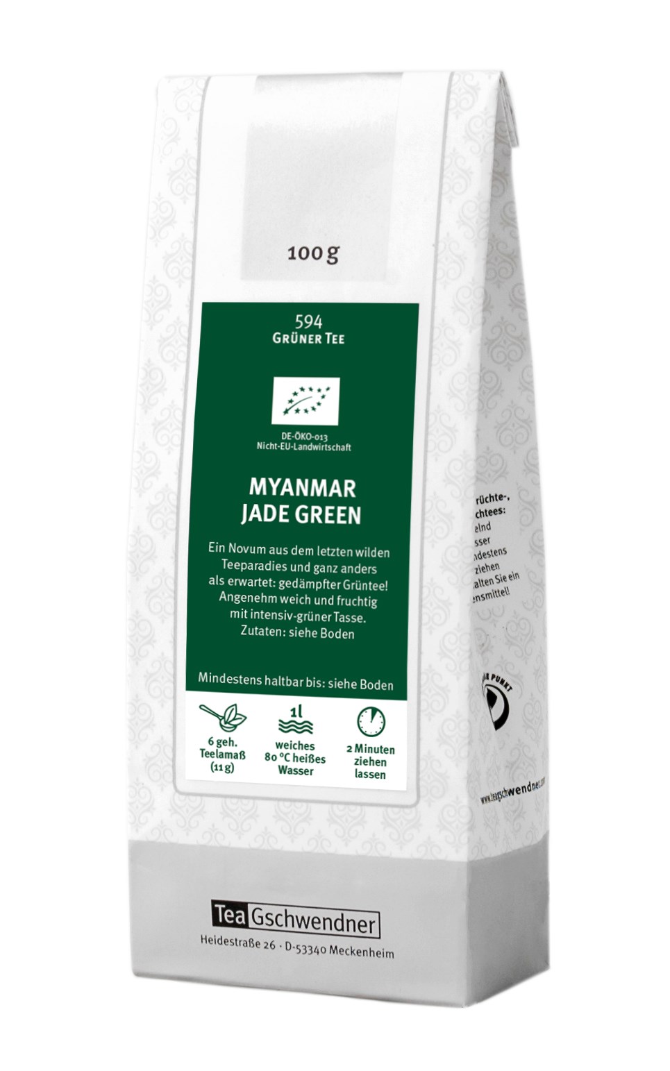 Teegschwendner Myanmar Jade Green grüner Tee 100 g, 100 g, Grüner Tee, Myanmar Jade Green, Teepaket, 1 l Wasser