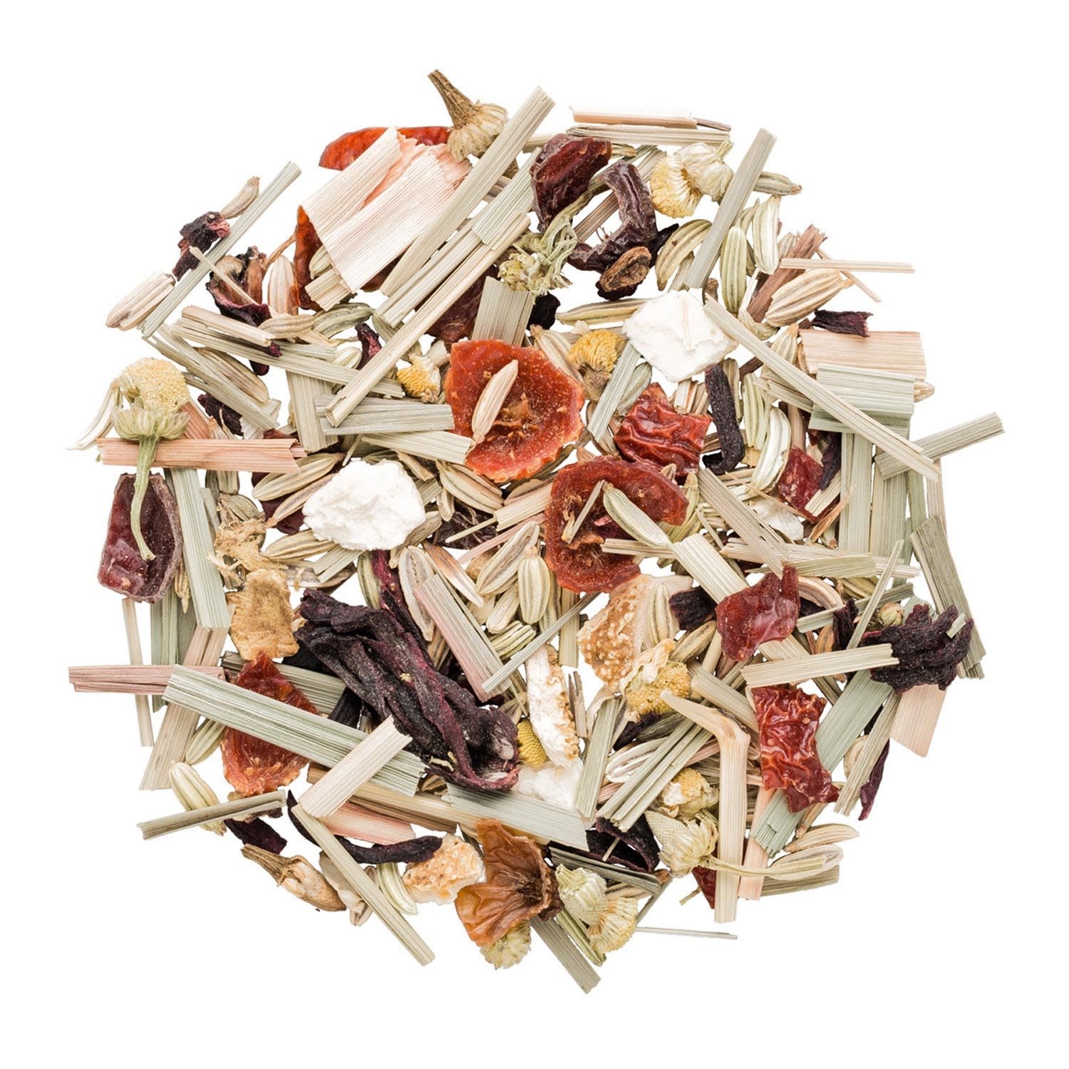 Bunte Früchtetee-Mischung mit Lemongras und Kräutern, Kräutertee, Kräuterpaket, Schnittgras, Trockenfrucht, Gemischter Tee