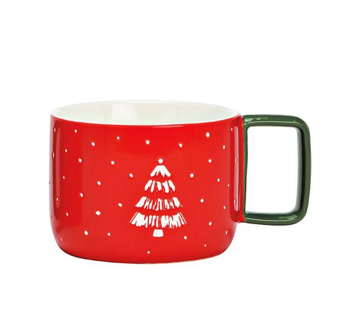 Red Christmas mug with green handle and tree
