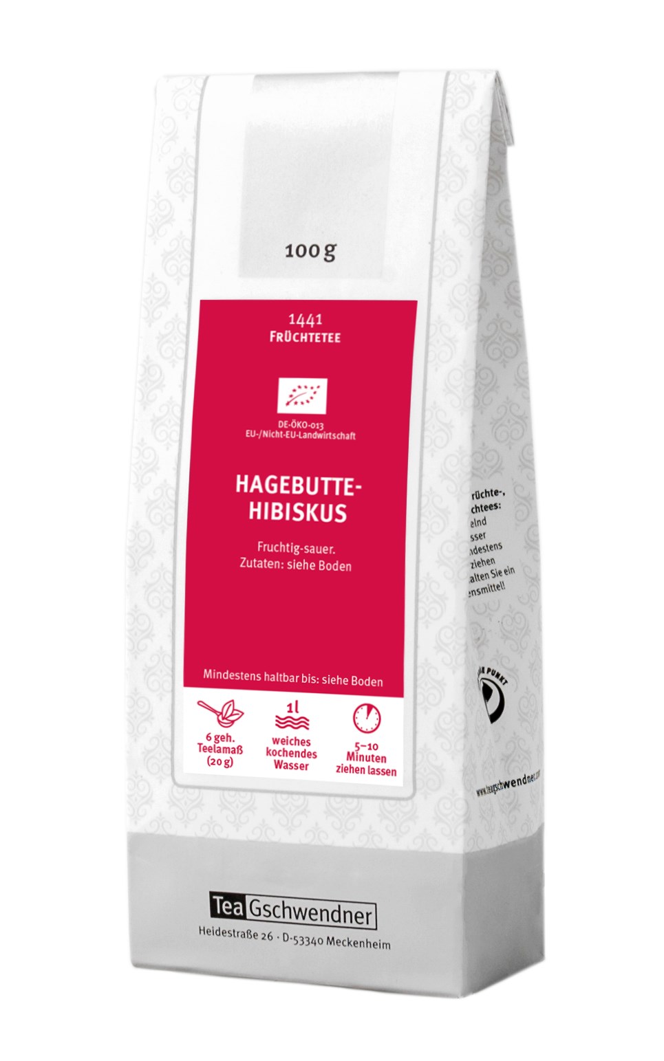 Teepackung TeaGschwendner Hagebutte-Hibiskus 100g, Früchtetee, Hagebutte, Hibiskus, 100 g, Teebeutel