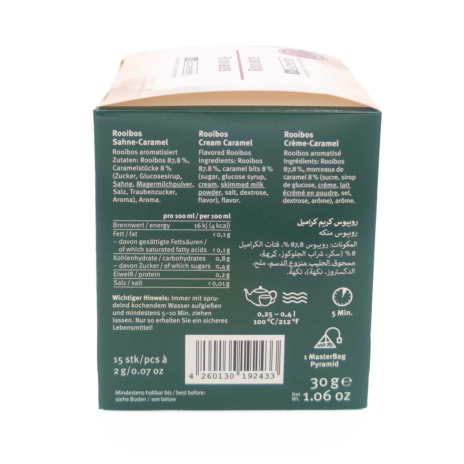 Packung Rooibos Sahne-Karamell Tee Rückseite, Rooibos, Cream Caramel, Rooibos powder, Teebox, Karamellgeschmack