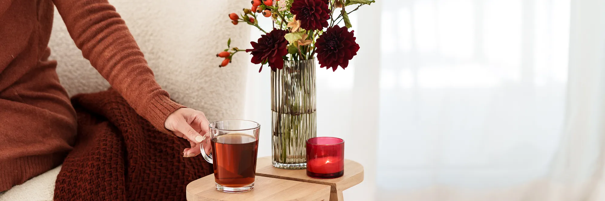 Tee, Vase, Blumen, Kaffeetasse, Teelicht