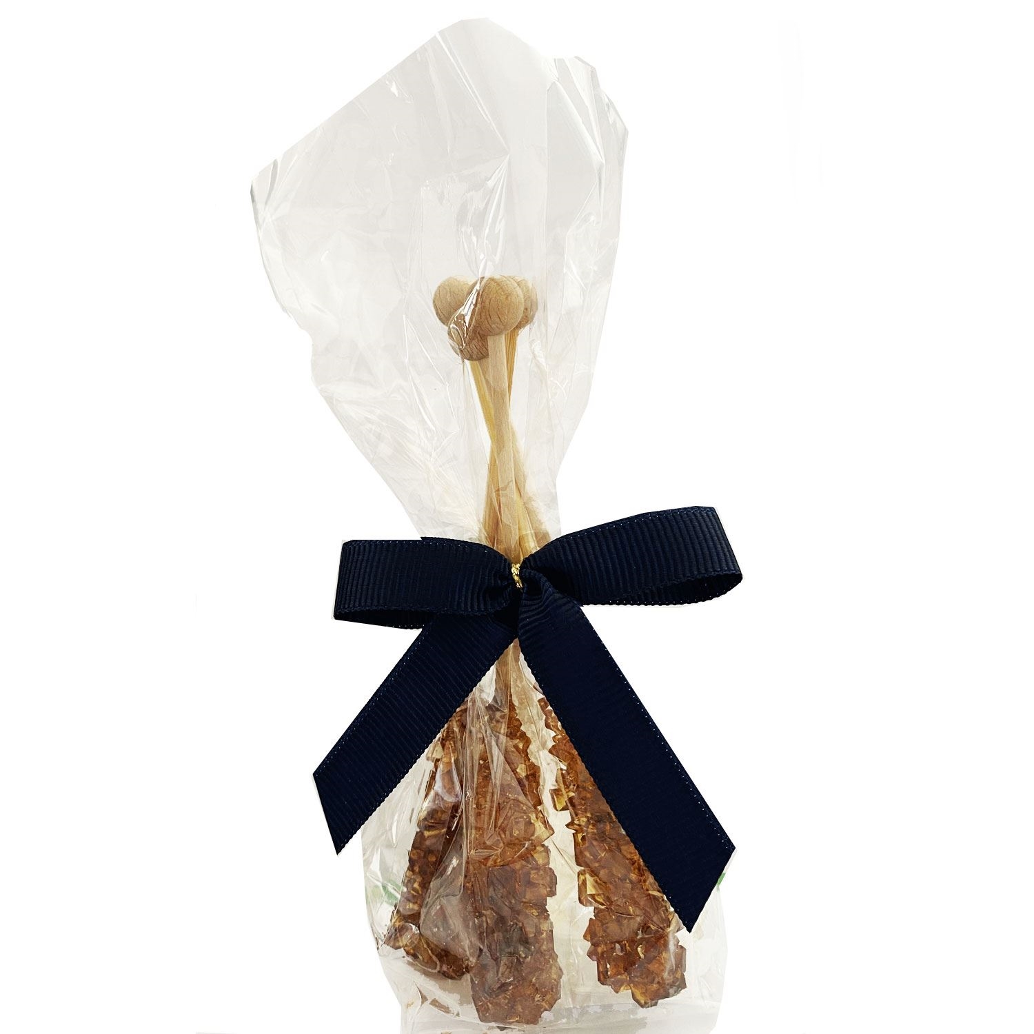 Braune Kandiszucker-Sticks im Cellobeutel mit Schleife, bonbonnieres, gift bag, wooden sticks, brown nuts, ribbon bow