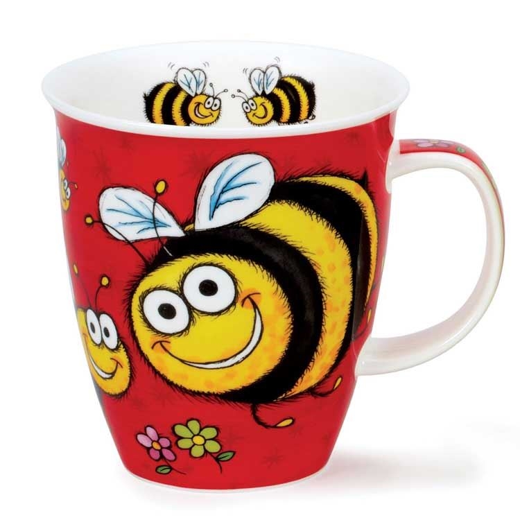 Keramiktasse rot mit lächelnden Comic-Bienen, Becher, Keramik, Biene, Rot, Blumen