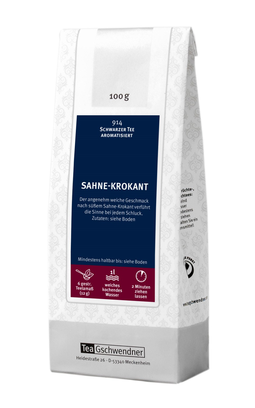 Verpackung TeaGschwendner Schwarzer Tee Sahne-Krokant 100g, Schwarzer Tee, Aromatisiert, 100 g, Krokanter Sahne, Teegeschwendner