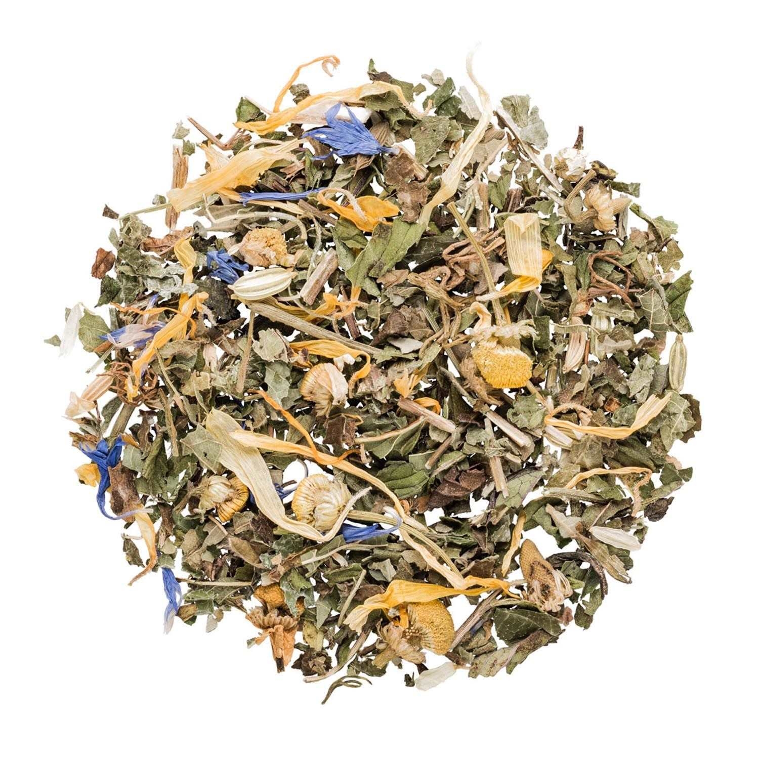 Lose Kräutertee-Mischung mit Blüten und Blättern, Kräutertee, Kräuterblätter, gemischte Kräuter, Tee-Mischung, Blütenstücke
